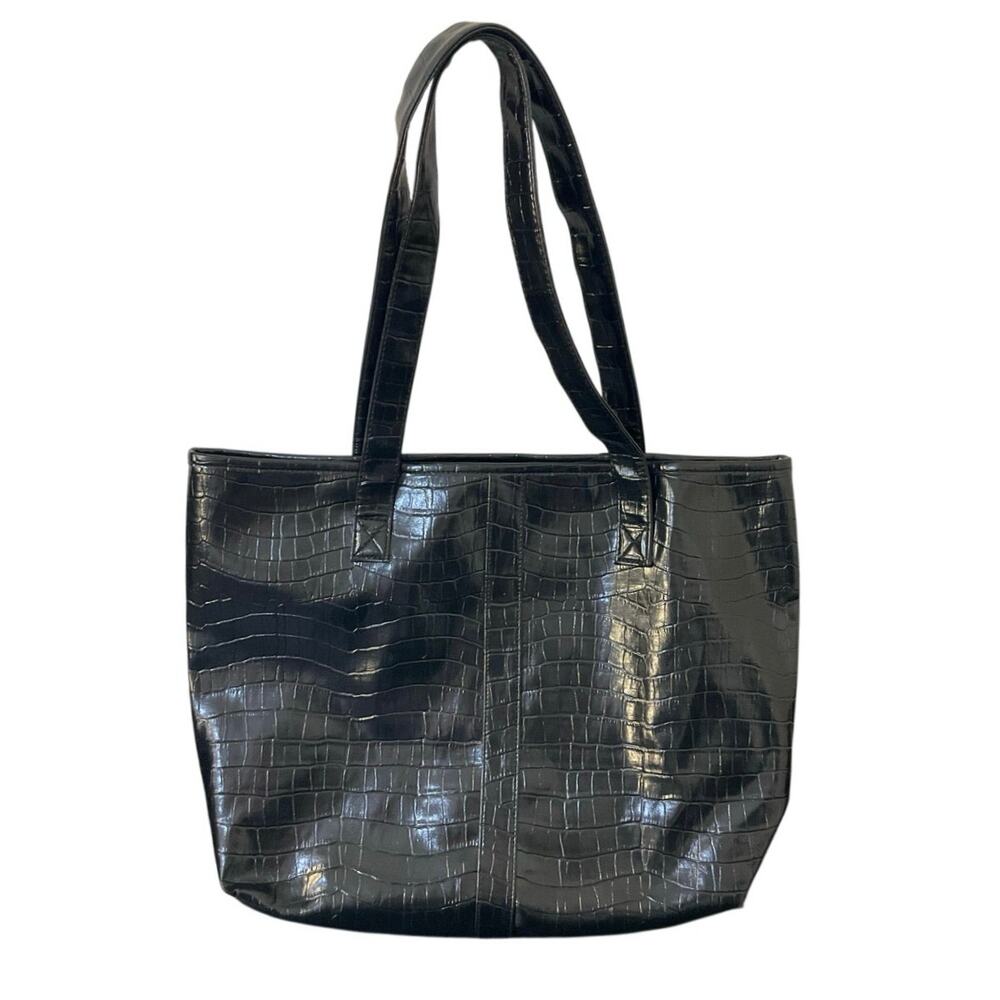 Black Croc Embossed Faux Leather Tote Bag Large Shoulder Shopper Purse